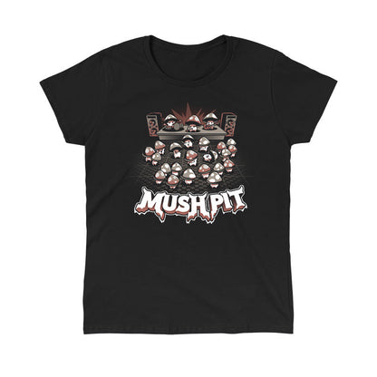 Classic Cotton T-shirt_TeeTurtle Mush Pit black t-shirt featuring a mushroom band playing in front of a bunch of dancing mushrooms.