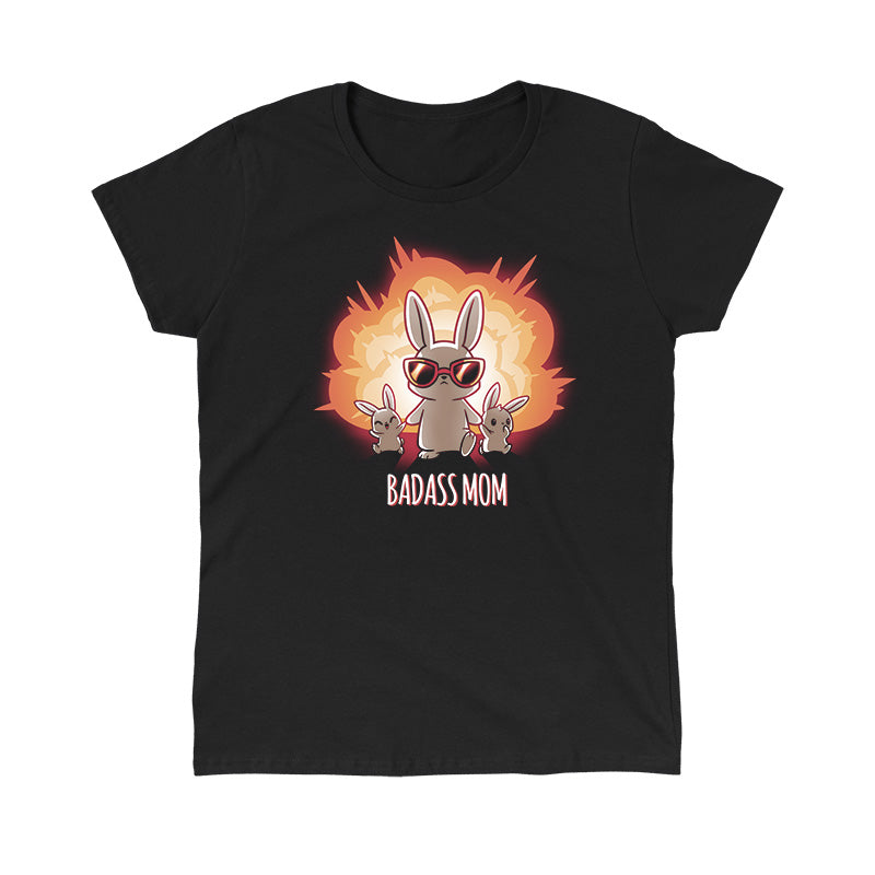 Classic Cotton T-shirt_TeeTurtle Badass Mom black t-shirt featuring an extreme bunny with an explosion behind her and holding hands with two little bunnies.