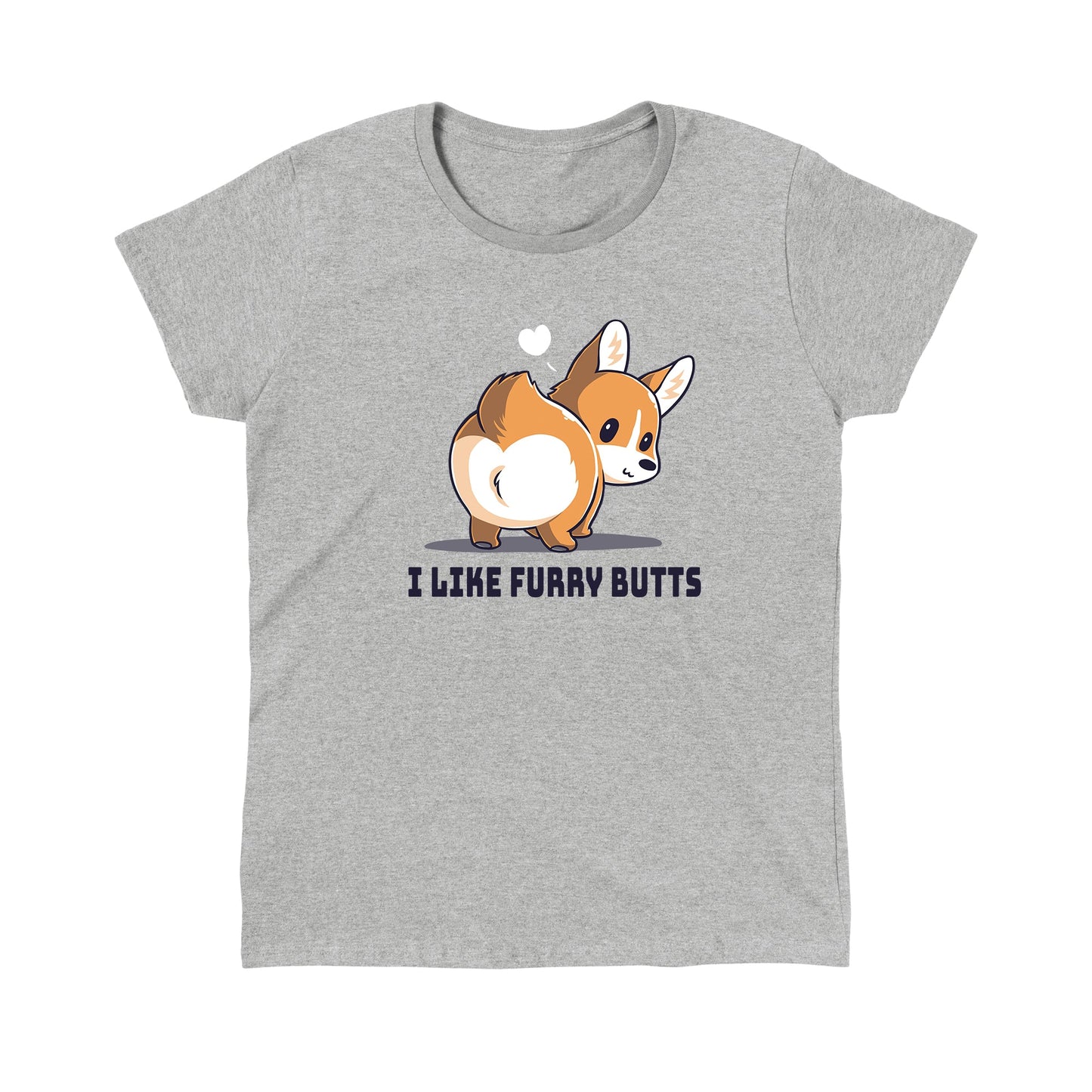 Classic Cotton T-shirt_TeeTurtle I Like Furry Butts heather gray t-shirt featuring a corgi with a white heart above its head.