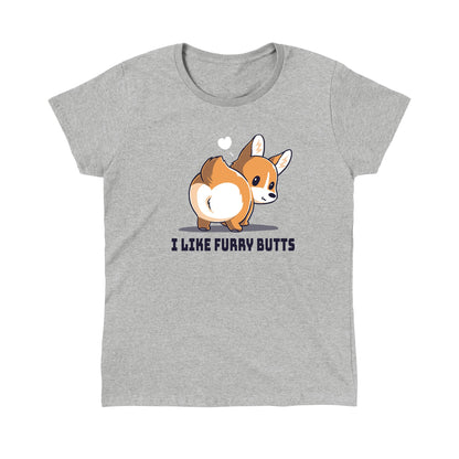 Classic Cotton T-shirt_TeeTurtle I Like Furry Butts heather gray t-shirt featuring a corgi with a white heart above its head.