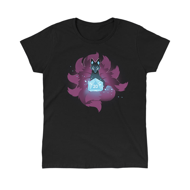 Classic Cotton T-shirt_TeeTurtle D20 Kitsune black t-shirt featuring a kitsune with multiple purple tails around a glowing 20-sided die.