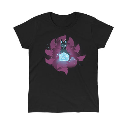 Classic Cotton T-shirt_TeeTurtle D20 Kitsune black t-shirt featuring a kitsune with multiple purple tails around a glowing 20-sided die.