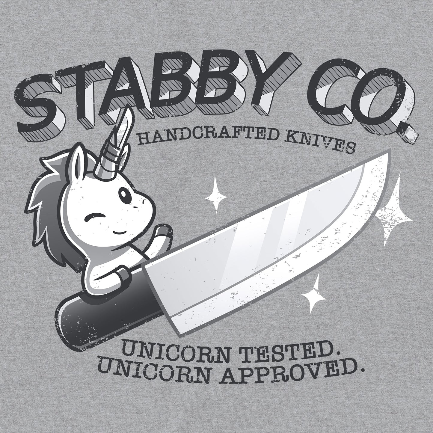 Classic Cotton T-shirt_TeeTurtle Stabby Co. Handcrafted Knives heather gray t-shirt featuring a logo of "Stabby Co." A unicorn is holding a large knife, with the text "Handcrafted Knives - Unicorn Tested. Unicorn Approved."