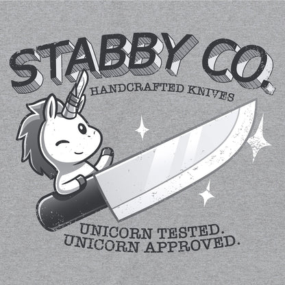 Classic Cotton T-shirt_TeeTurtle Stabby Co. Handcrafted Knives heather gray t-shirt featuring a logo of "Stabby Co." A unicorn is holding a large knife, with the text "Handcrafted Knives - Unicorn Tested. Unicorn Approved."