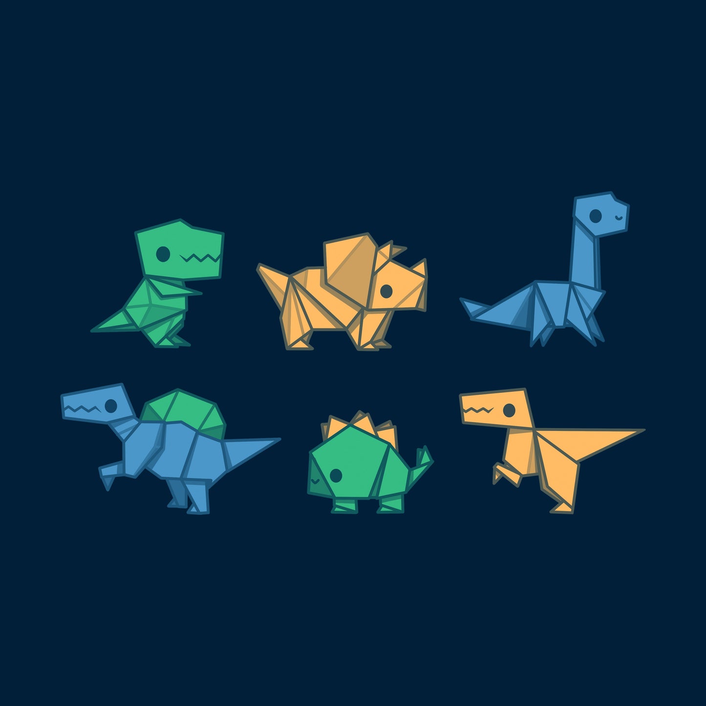 Long Sleeve T-shirt_TeeTurtle Origami Dinos navy blue design featuring a collection of origami dinosaurs in different colors.