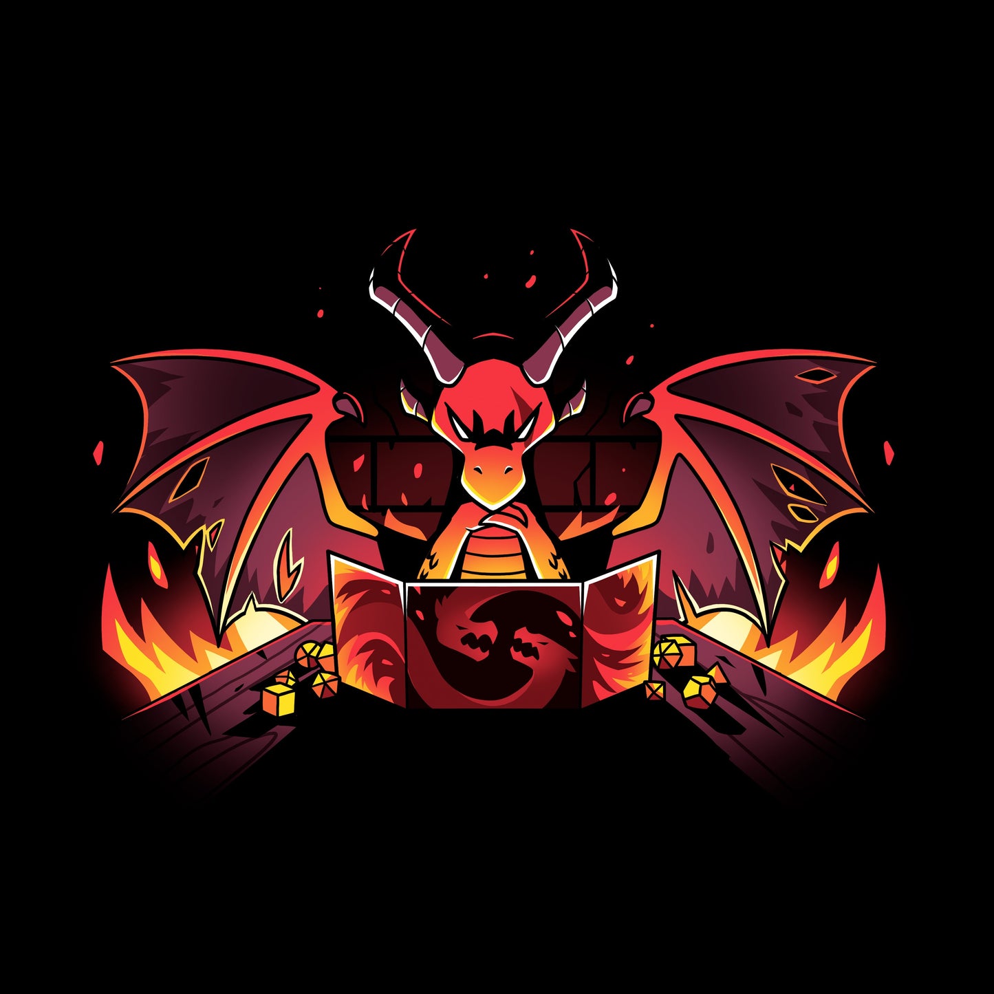 Classic Cotton T-shirt_TeeTurtle black Dragon Master. Featuring a sinister-looking dragon dungeon master with flames in the background.