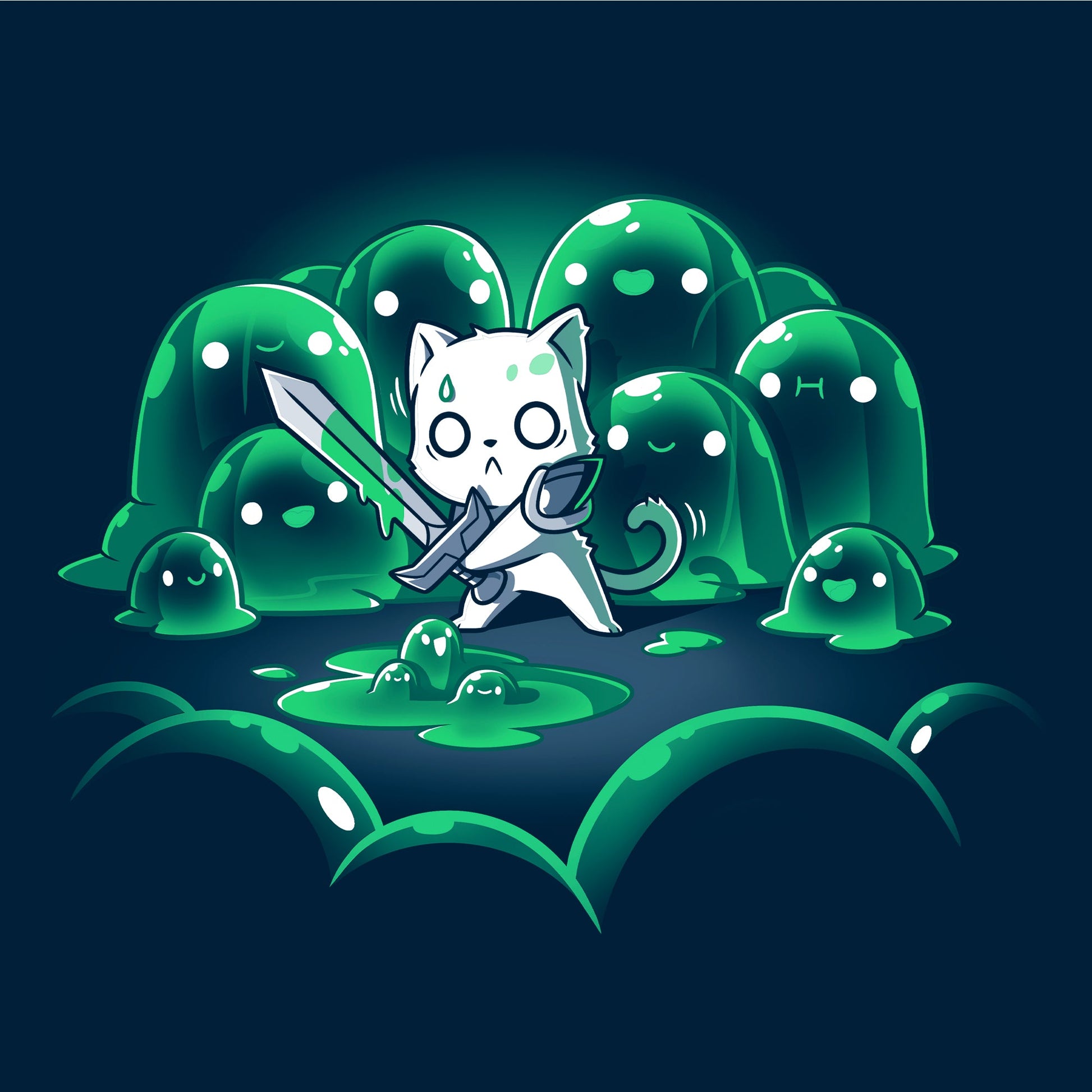 Long Sleeve T-shirt_TeeTurtle navy blue The Never-Ending Fight. Featuring a cat warrior holding a sword surprised at being surrounded by a group of green slimes.