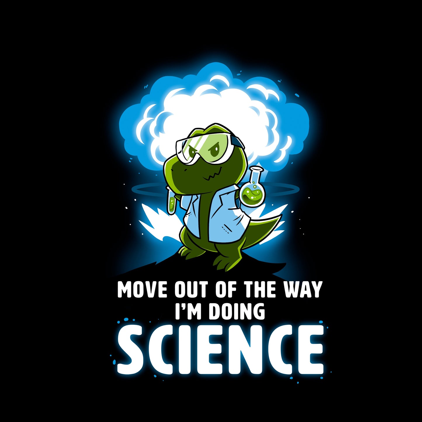 Classic Cotton T-shirt_TeeTurtle black I'm Doing SCIENCE. Featuring a t-rex in a lab coat and safety glasses holding a beaker and explosion in the background.