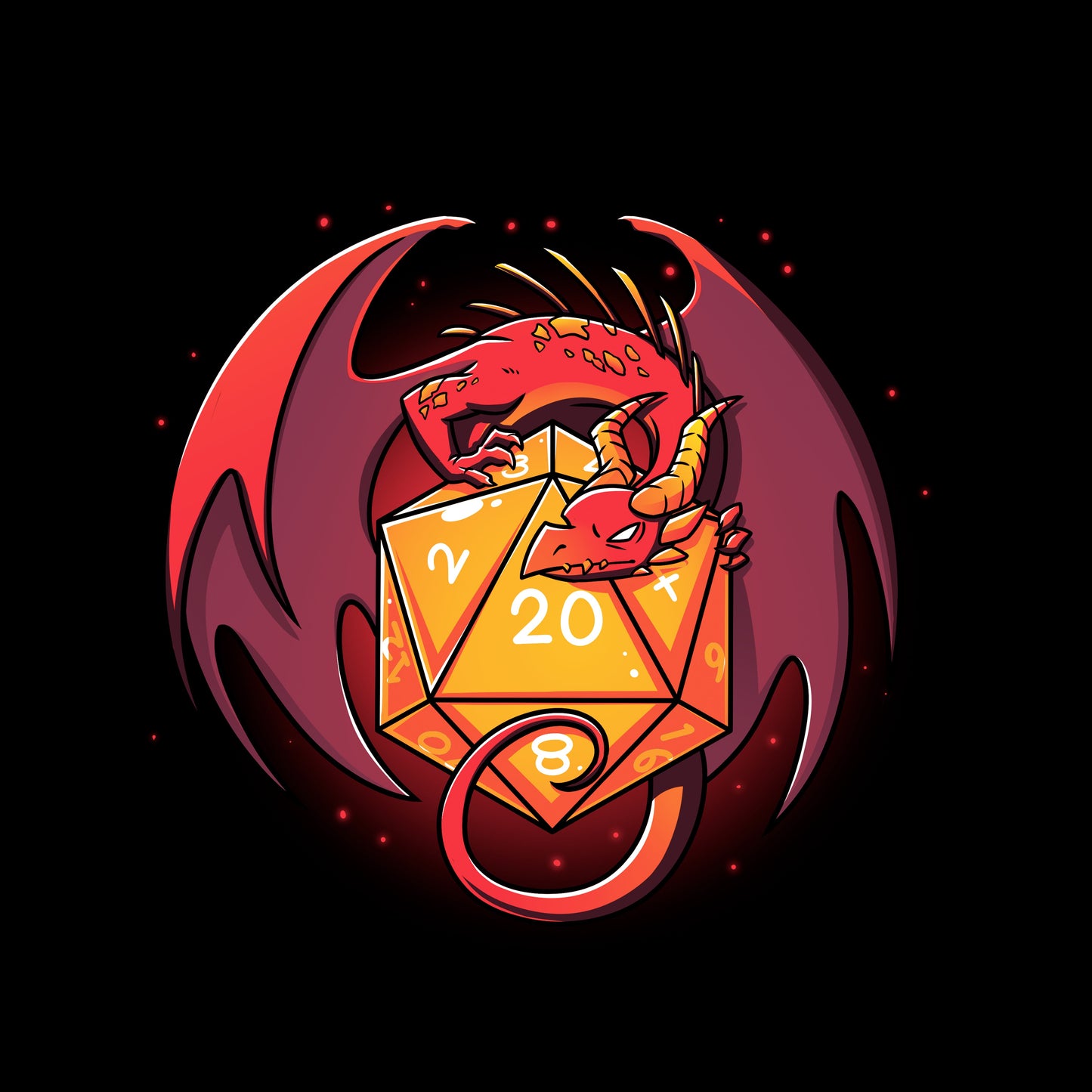 Classic Cotton T-shirt_TeeTurtle D20 Dragon black t-shirt featuring a red dragon curled around a yellow 20-sided die