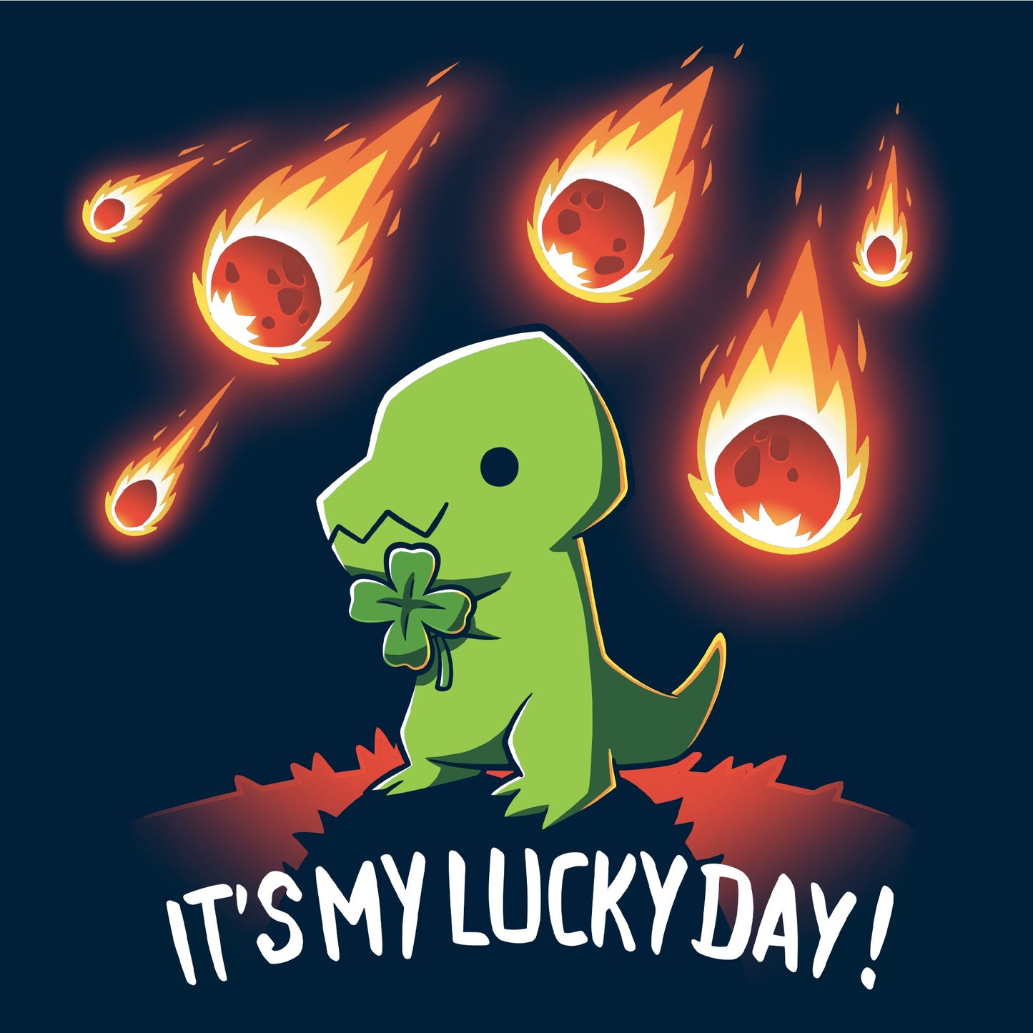 Long Sleeve T-shirt_TeeTurtle It's My Lucky Day navy blue t-shirt featuring a dinosaur holding a four-leaf clover while meteors fall from the sky. The text below reads, "It's my lucky day!"