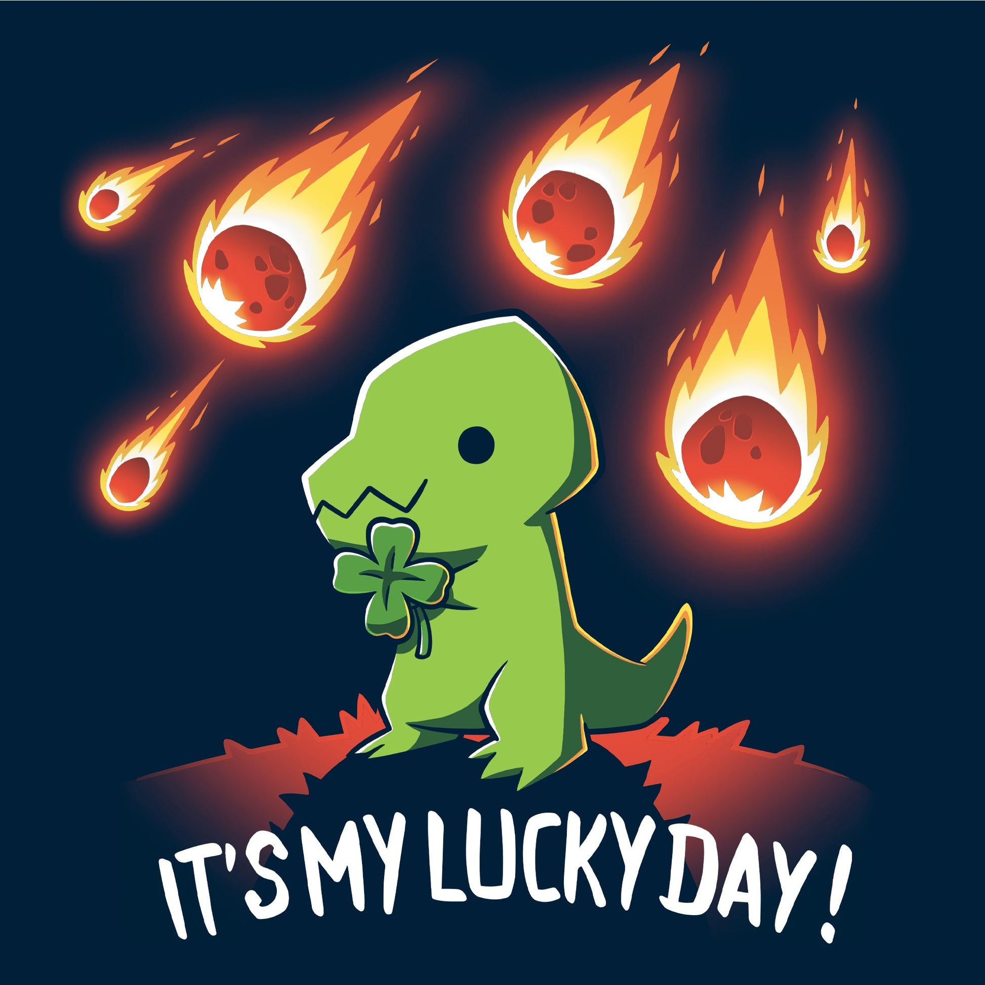 Pullover Hoodie_TeeTurtle It's My Lucky Day navy blue design featuring a dinosaur holding a four-leaf clover while meteors fall from the sky. The text below reads, "It's my lucky day!"