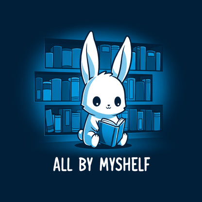 Classic Cotton T-shirt_TeeTurtle All By MyShelf navy blue t-shirt featuring a cute white rabbit sitting in front of bookshelves, reading a book, with the text "All By MyShelf" written below.