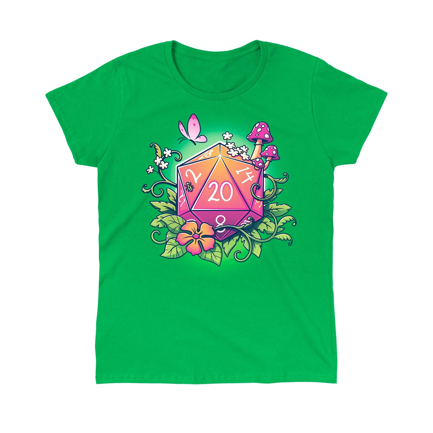 Classic Cotton T-shirt_TeeTurtle Natural 20 Irish green t-shirt featuring a colorful 20-sided die surrounded by flowers, leaves, mushrooms, and a butterfly. 