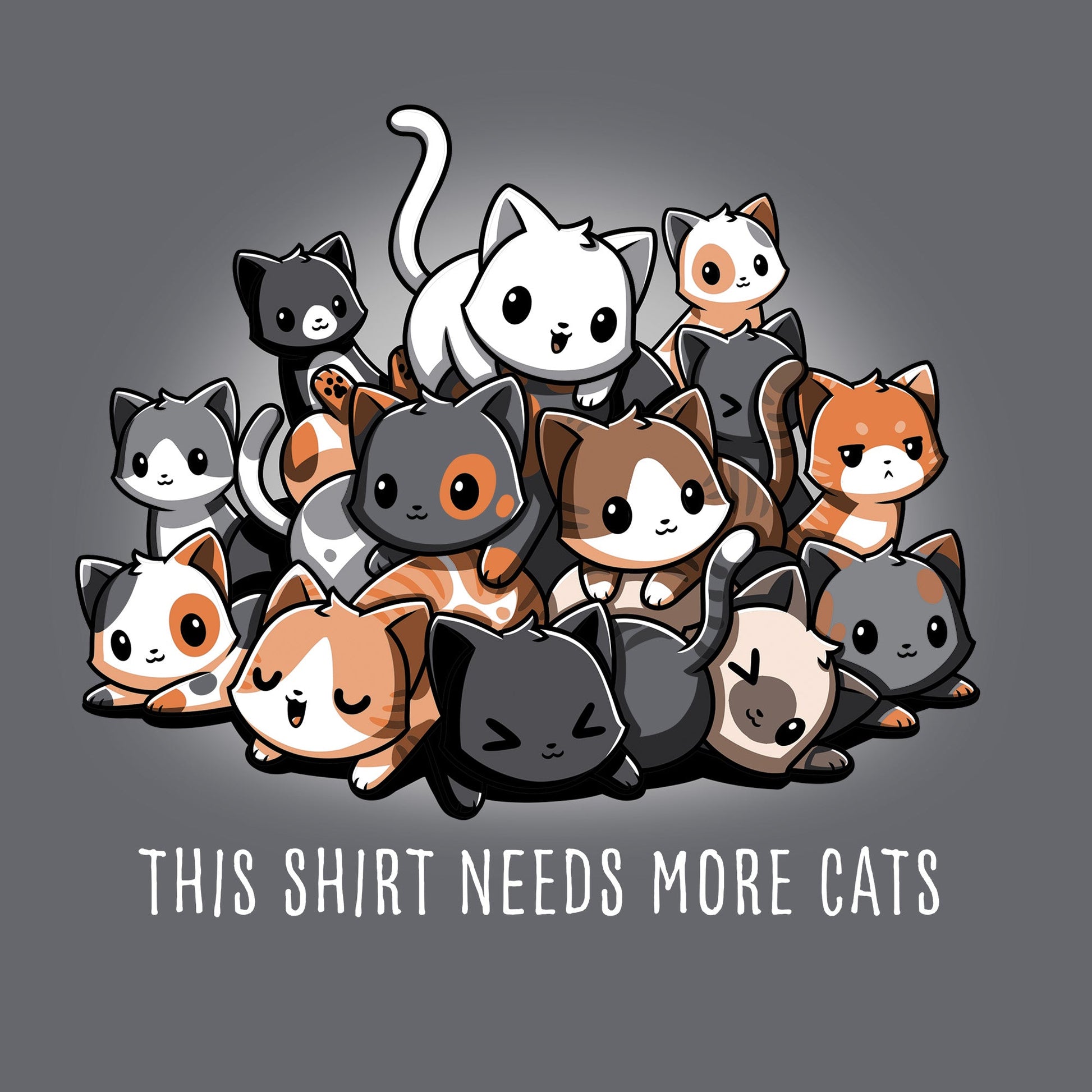 Classic Cotton T-shirt_TeeTurtle Needs More Cats charcoal gray t-shirt featuring a pile of cute cats with a little sarcastic blurb below.