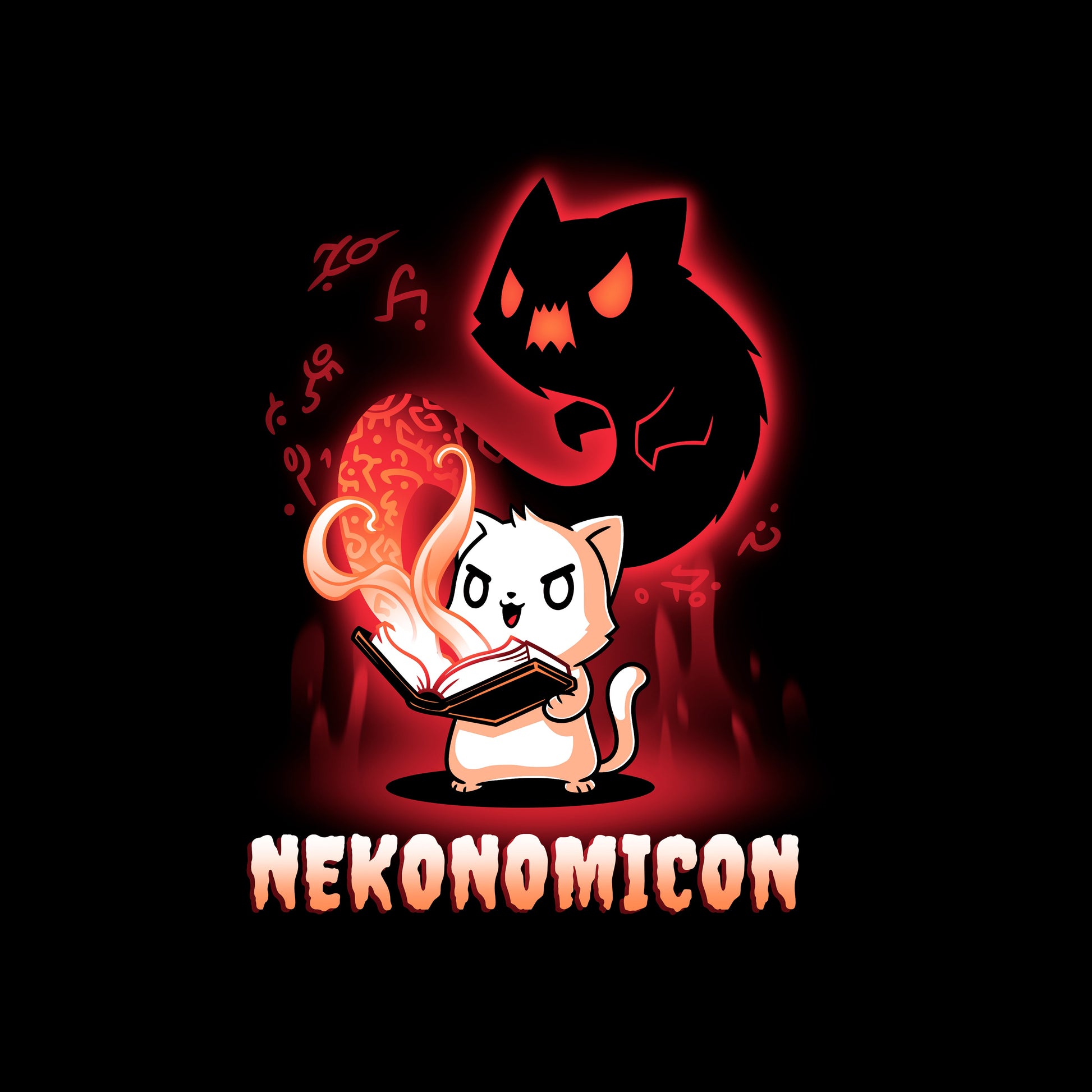 Classic Cotton T-shirt_TeeTurtle Nekonomicon black t-shirt featuring a cat holding an open book with glowing symbols and a shadowy feline figure emerging from it. The word "Nekonomicon" is displayed at the bottom.