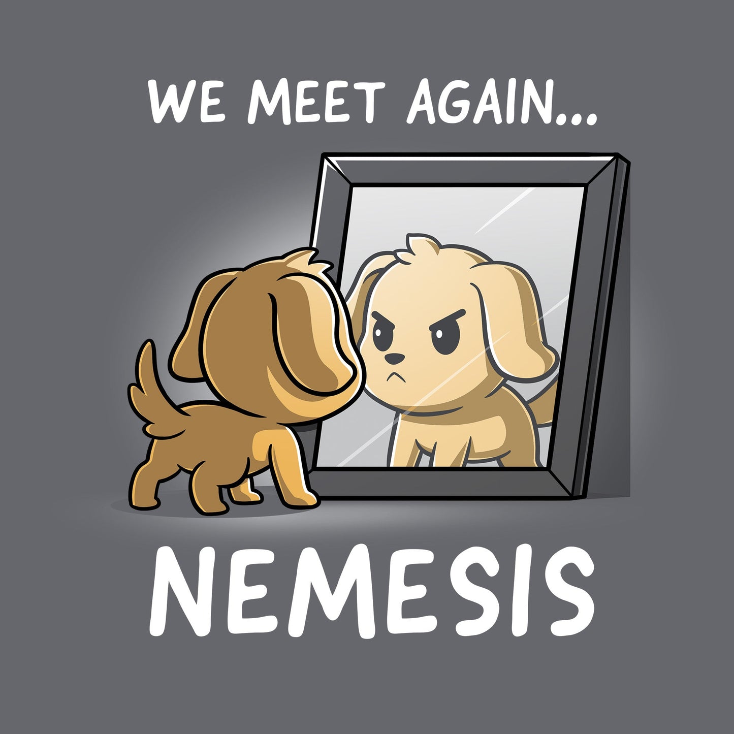 Classic Cotton T-shirt_TeeTurtle Nemesis charcoal gray t-shirt featuring a dog who’s looking bravely in the mirror at his reflection.