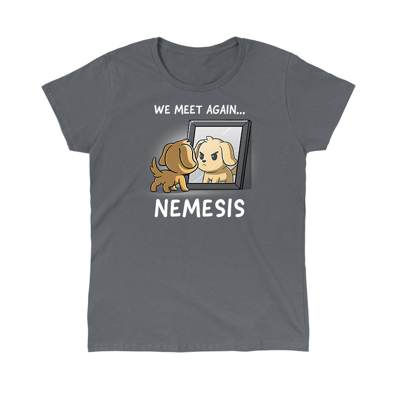 Classic Cotton T-shirt_TeeTurtle Nemesis charcoal gray t-shirt featuring a dog who’s looking bravely in the mirror at his reflection.