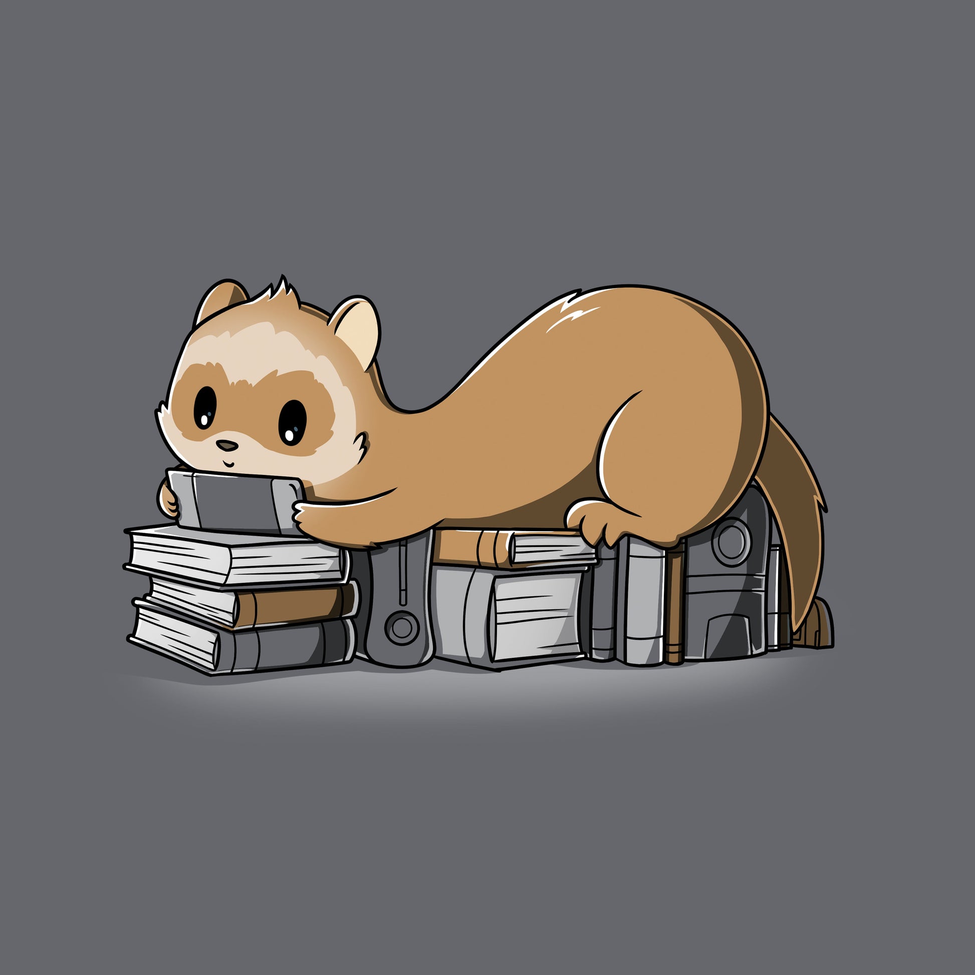 Classic Cotton T-shirt_TeeTurtle Nerdy and Proud charcoal gray t-shirt featuring a ferret laying on books and game consoles, playing a handheld game system.