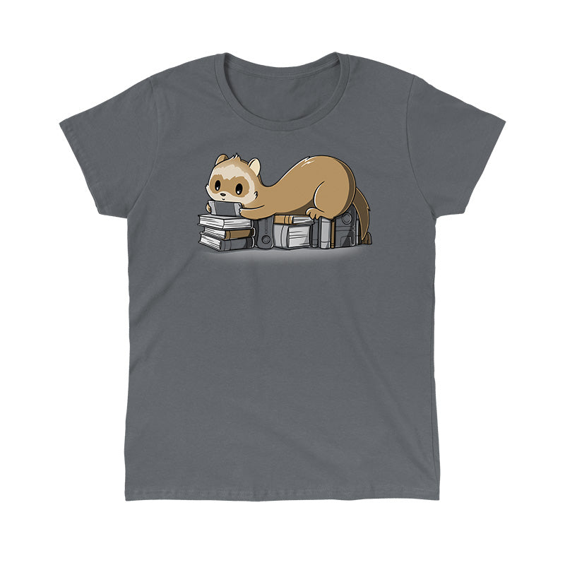 Classic Cotton T-shirt_TeeTurtle Nerdy and Proud charcoal gray t-shirt featuring a ferret laying on books and game consoles, playing a handheld game system.