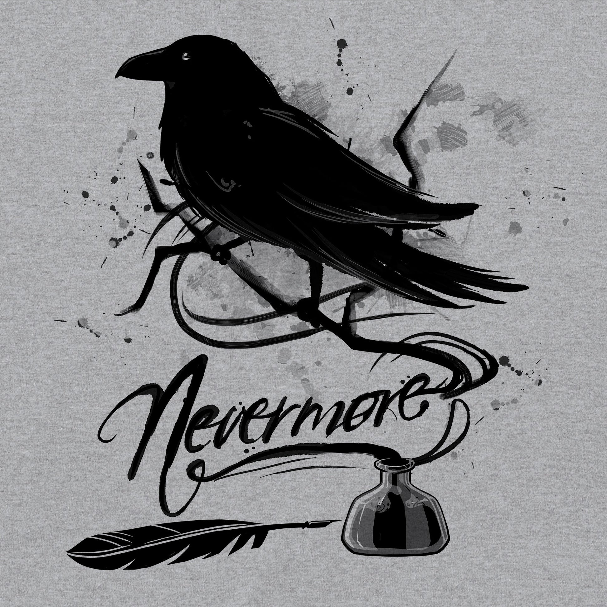 Long Sleeve T-Shirt_TeeTurtle sport gray Nevermore. Featuring a raven perched on a branch coming out of an inkwell.