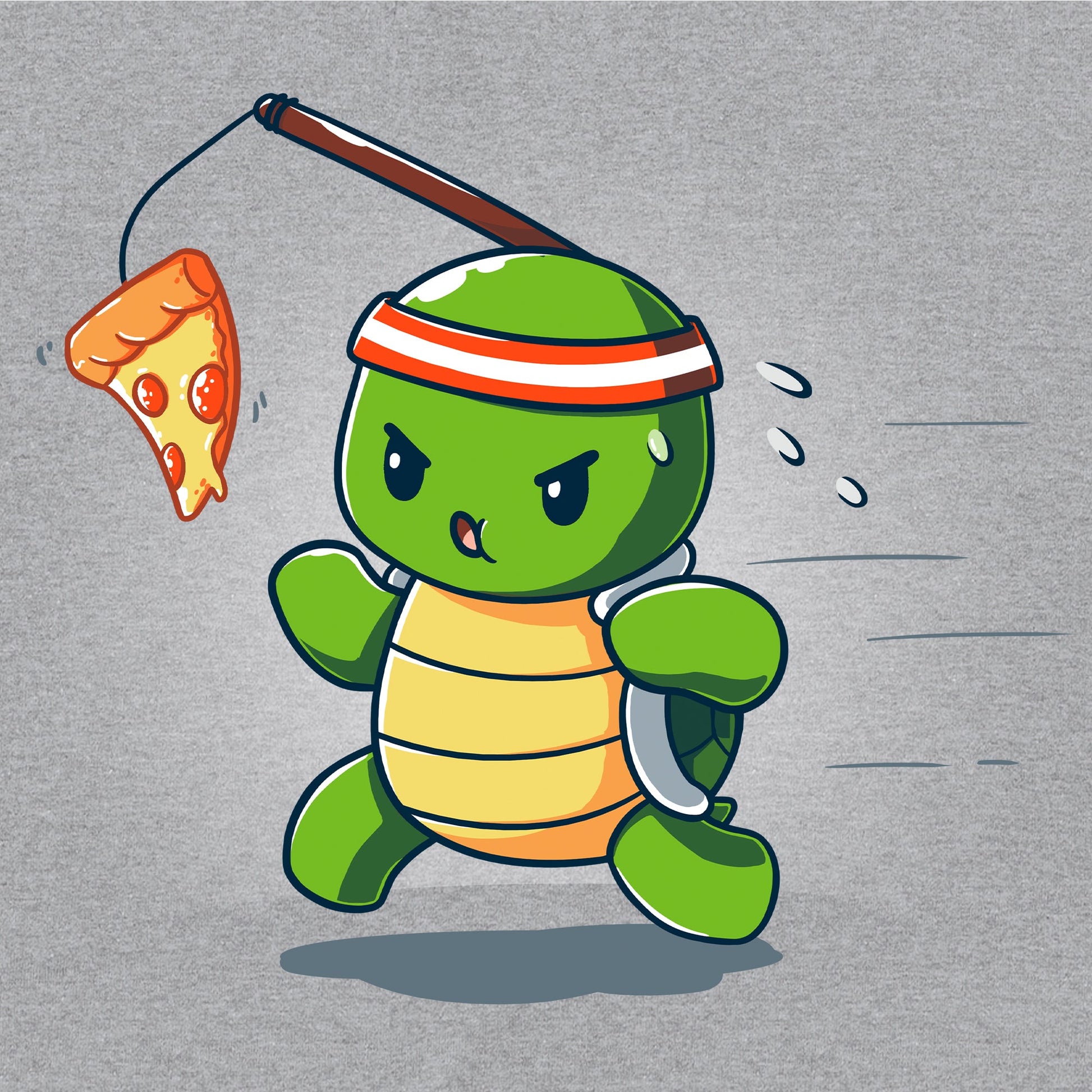 Crew Neck Sweatshirt_TeeTurtle Ninja Training heather gray t-shirt featuring a turtle chasing after a pizza slice dangling from a stick strapped to their head.