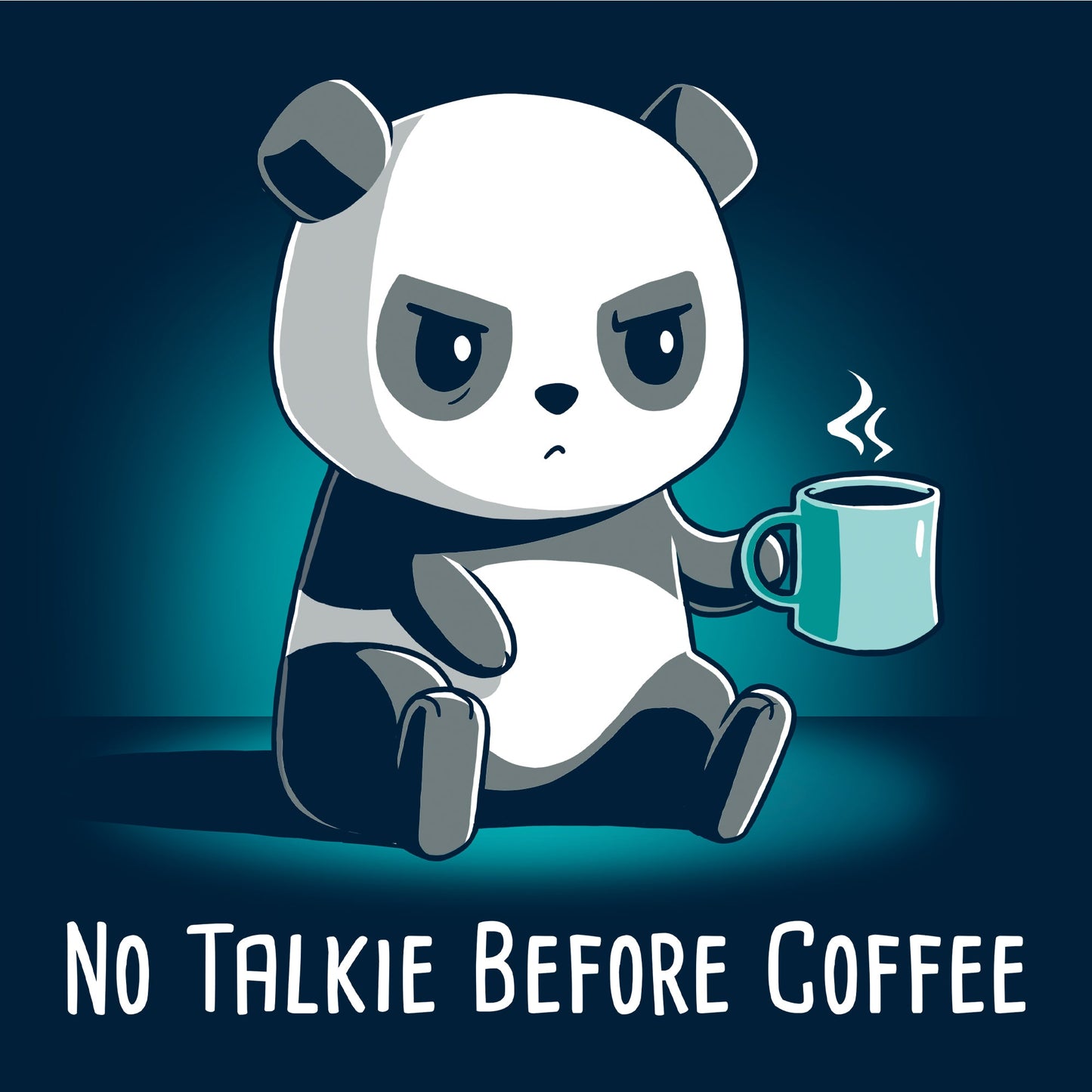 Long Sleeve T-shirt_TeeTurtle navy blue No Talkie Before Coffee. Featuring a grumpy panda holding a cup of coffee.