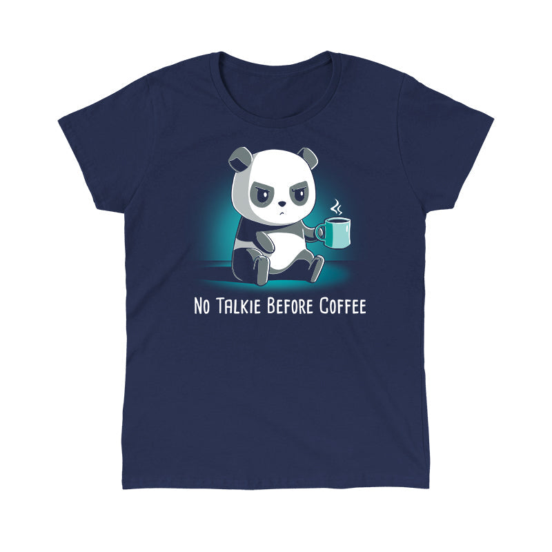 Classic Cotton T-shirt_TeeTurtle navy blue No Talkie Before Coffee. Featuring a grumpy panda holding a cup of coffee.