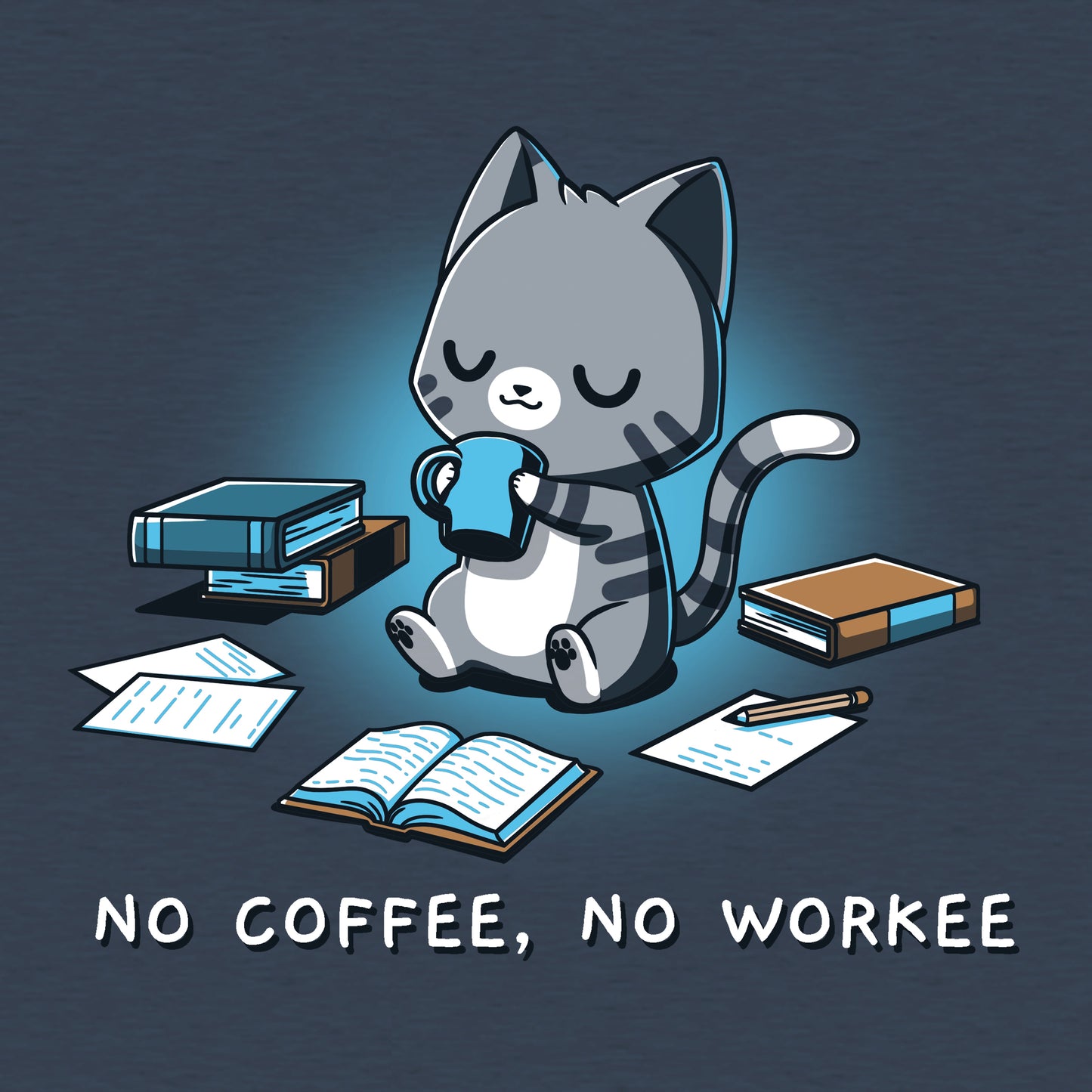 Classic Cotton T-shirt_TeeTurtle No Coffee No Workee Heather Navy t-shirt featuring a cartoon cat holding a coffee cup, surrounded by books and papers. Text reads "No Coffee No Workee"