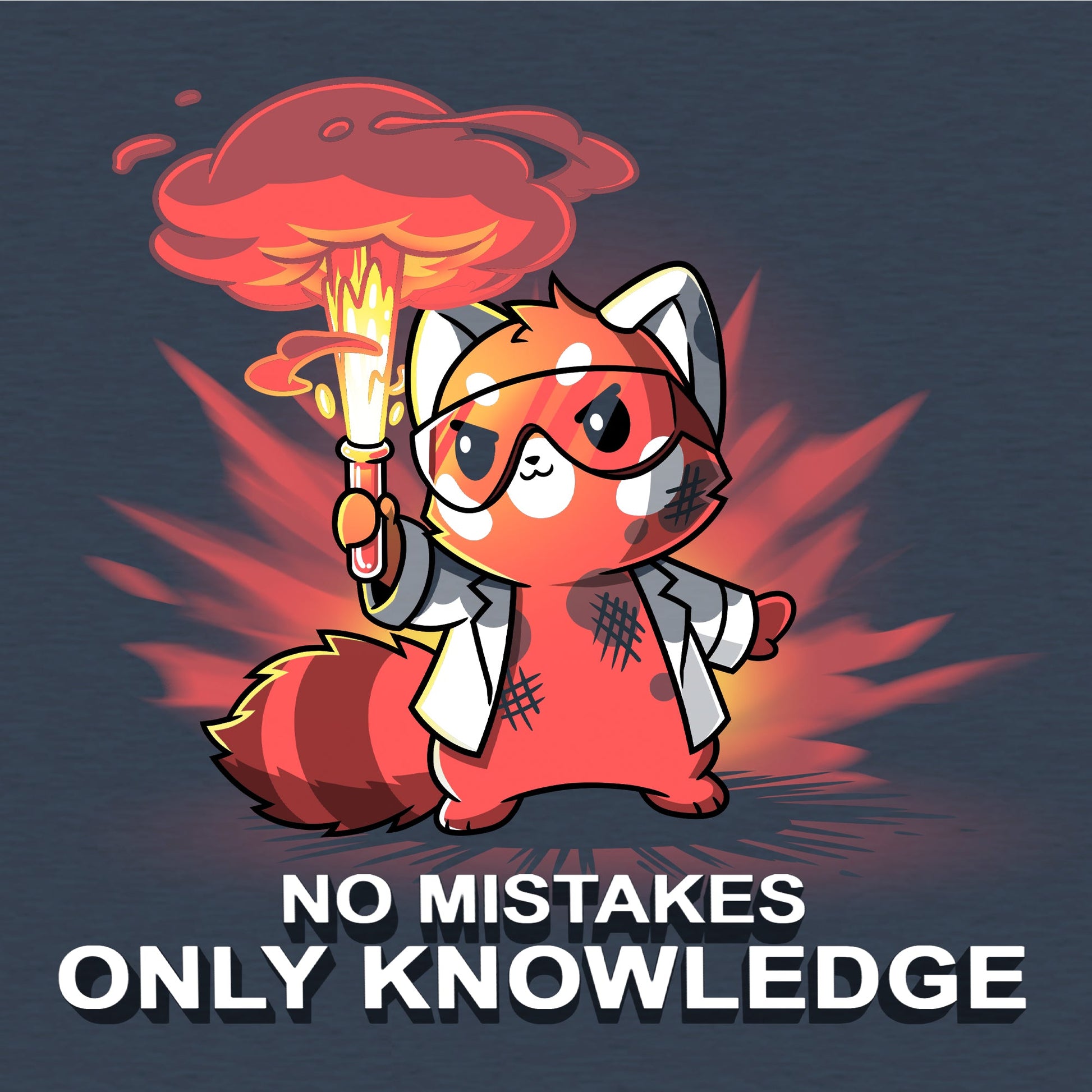 Classic Cotton T-shirt_TeeTurtle No Mistakes, Only Knowledge heather navy t-shirt featuring a red panda in a lab coat holding a flaming test tube with the text "no mistakes, only knowledge."