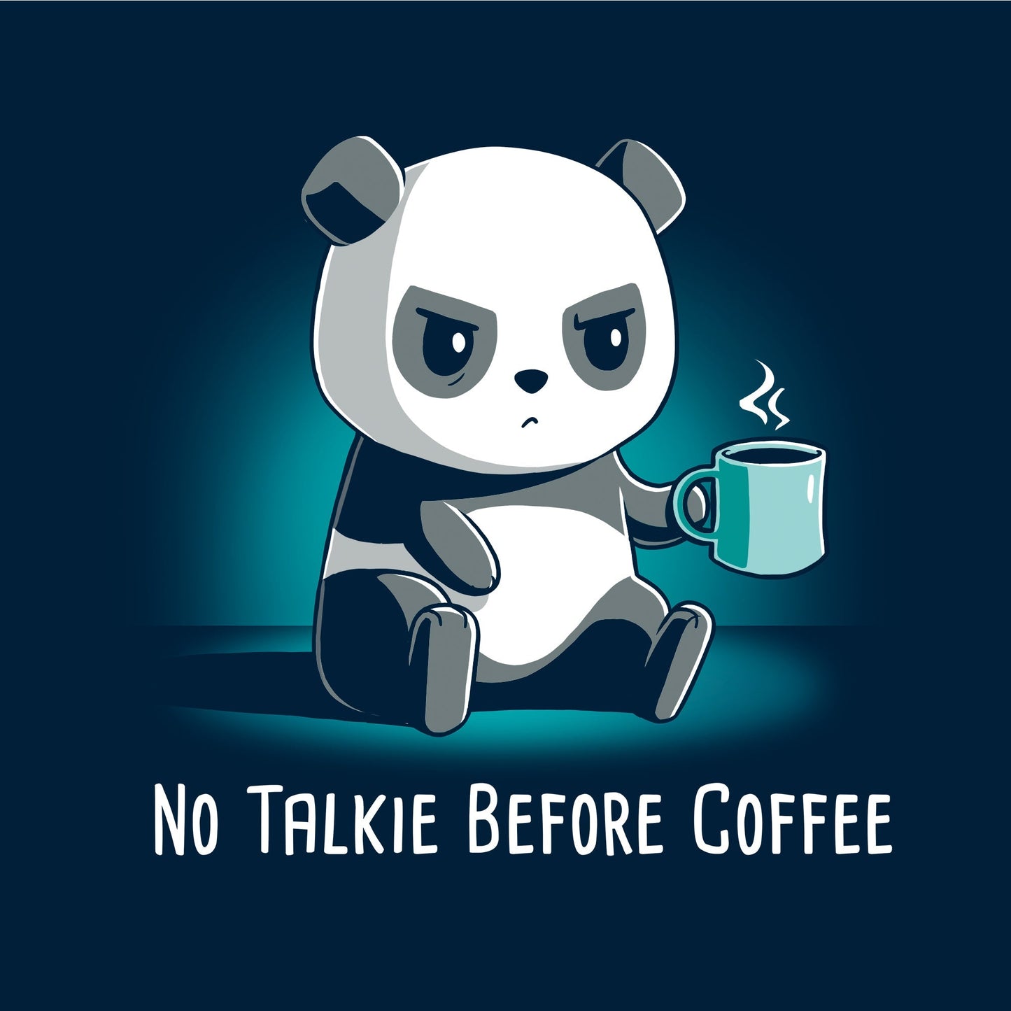 Classic Cotton T-shirt_TeeTurtle navy blue No Talkie Before Coffee. Featuring a grumpy panda holding a cup of coffee.