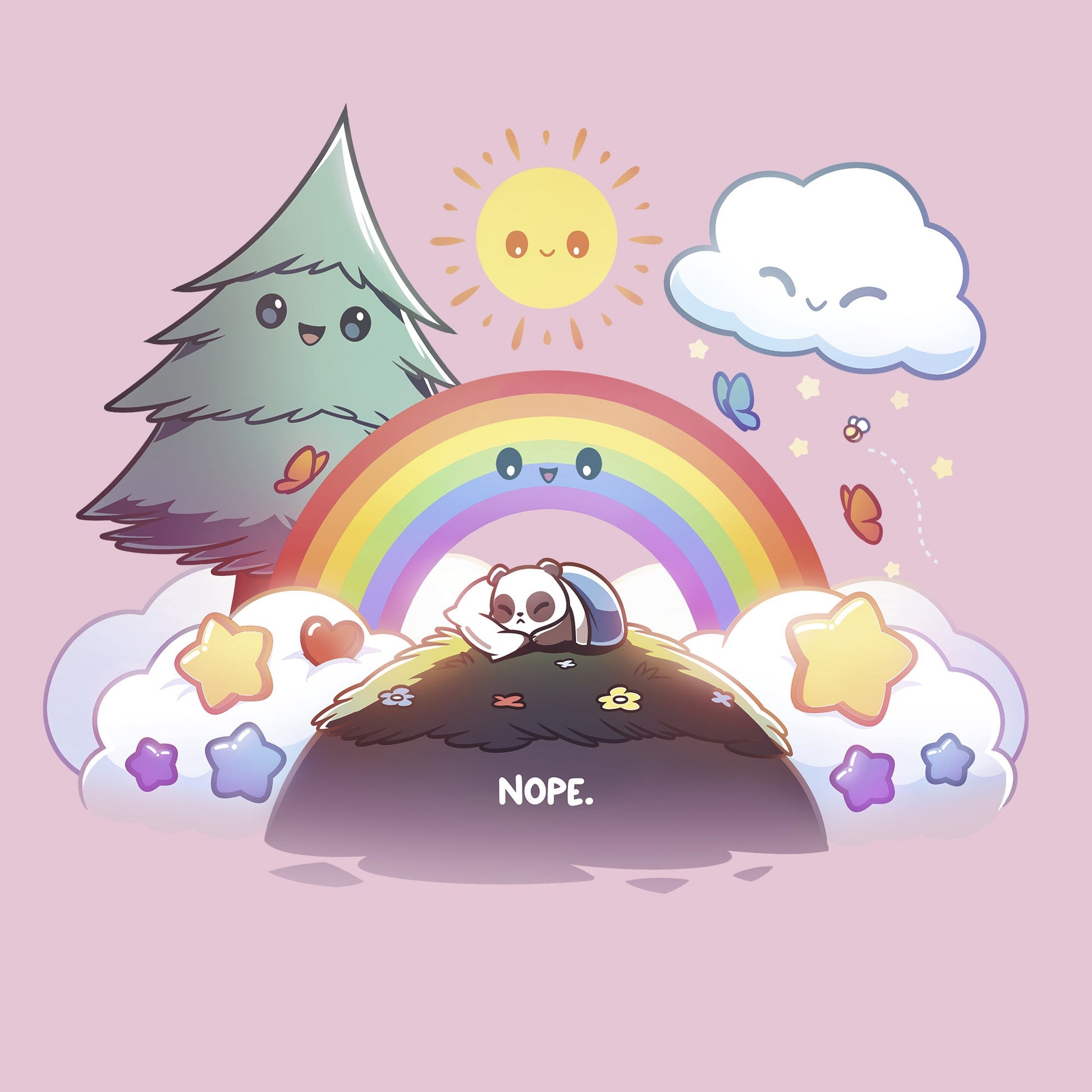 Classic Cotton T-shirt_TeeTurtle light pink Nope Panda apparel featuring a panda on a hill curled up in a blanket with a happy tree, rainbow, cloud, and sun waiting for it to wake up.