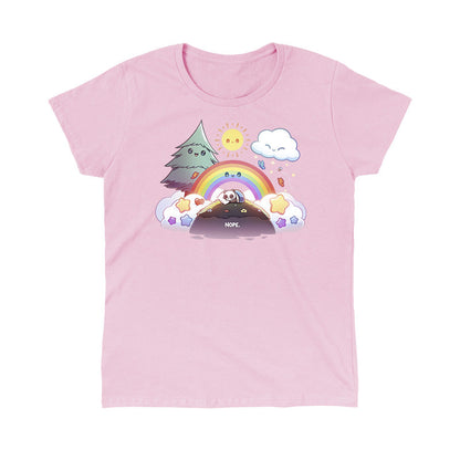 Classic Cotton T-shirt_TeeTurtle light pink Nope Panda apparel featuring a panda on a hill curled up in a blanket with a happy tree, rainbow, cloud, and sun waiting for it to wake up.