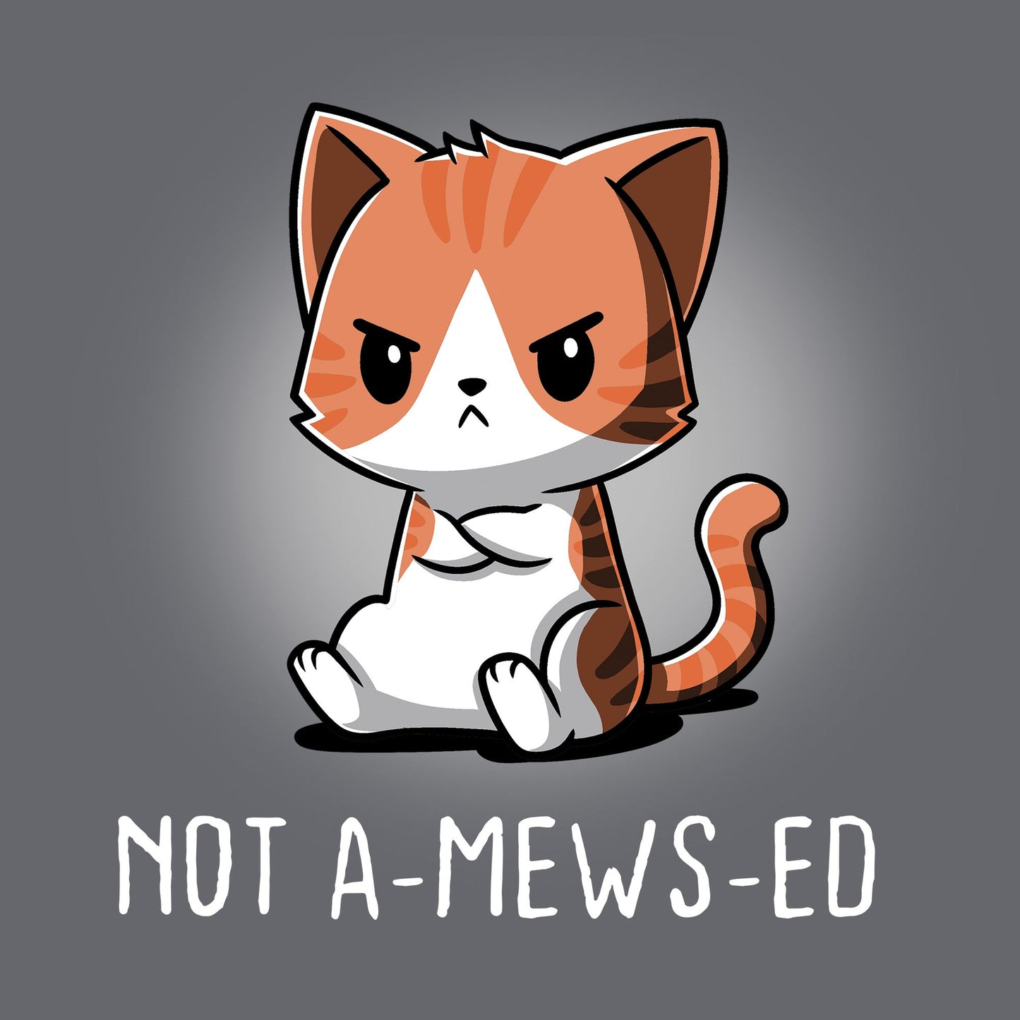 Classic Cotton T-shirt_Teeturtle Not A-Mews-Ed Charcoal Gray Featuring a grumpy, unamused looking tabby cat with its forepaws crossed over its chest and the words 'Not A-Mews-Ed' written beneath.