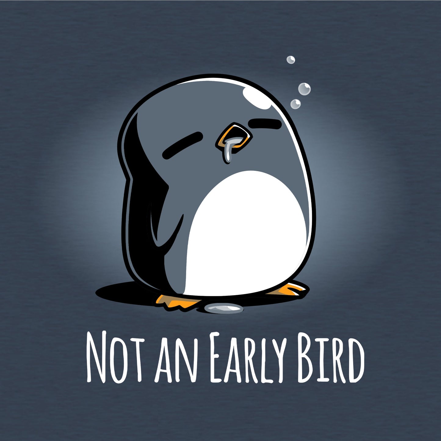 Classic Cotton T-shirt_TeeTurtle Not an Early Bird heather navy t-shirt featuring a sleepy penguin with closed eyes and bubbles above its head, accompanied by the text "Not an Early Bird."