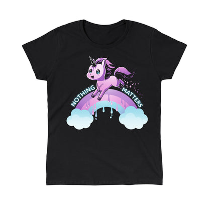 Classic Cotton T-shirt_TeeTurtle Nothing Matters (Unicorn) black t-shirt featuring a purple unicorn jumping over a drippy rainbow.