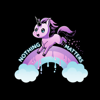 Pullover Hoodie_TeeTurtle Nothing Matters (Unicorn) black design featuring a purple unicorn jumping over a drippy rainbow.