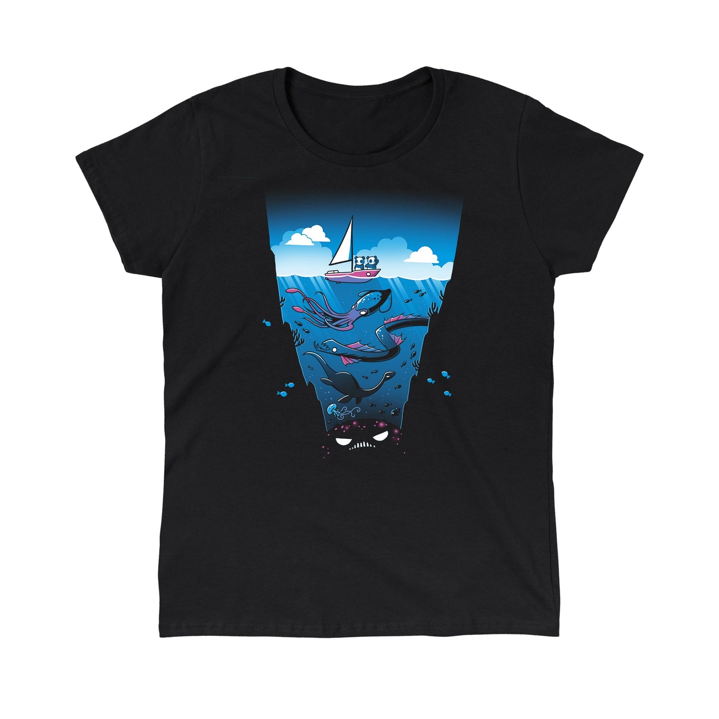 Classic Cotton T-shirt_Teeturtle Nothing to Sea Here Black Featuring two pandas on a sailboat floating over and ocean full of strange, unknown creatures including a giant squid, a sea serpent and a Plesiousaur.