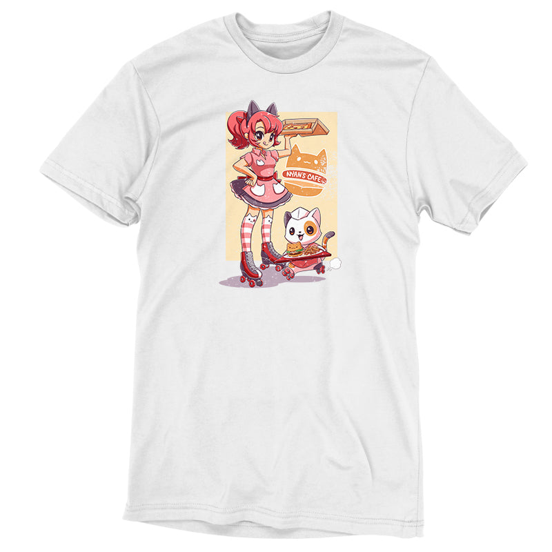 Premium Cotton T-shirt_TeeTurtle Nyan's Cafe white t-shirt featuring a girl in a pink cat-themed costume on roller skates holding a tray of food. Next to her, a cat in a matching outfit and roller skates is also holding a tray of food. The text reads "Nyan's Cafe."