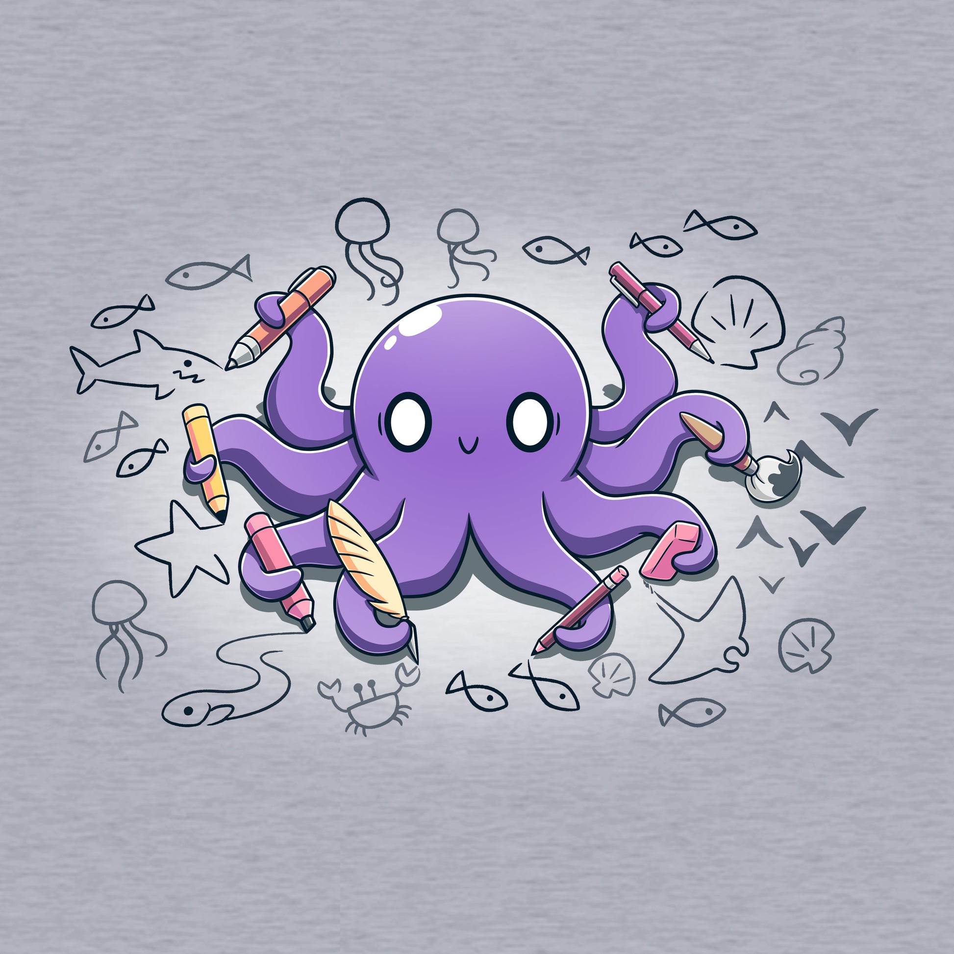 Classic Cotton T-shirt_TeeTurtle Octopus Artist heather gray t-shirt featuring an illustration of a cheerful purple octopus holding various creative tools, surrounded by sketches of sea creatures and nautical elements.