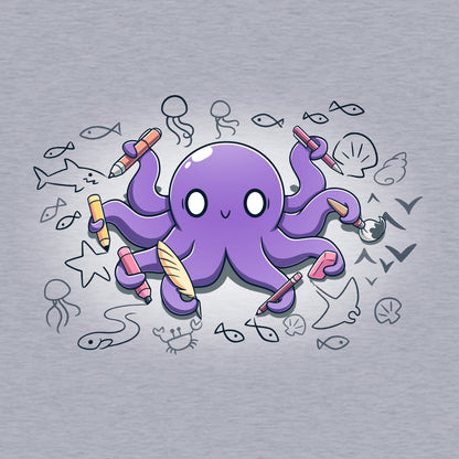 Classic Cotton T-shirt_TeeTurtle Octopus Artist heather gray t-shirt featuring an illustration of a cheerful purple octopus holding various creative tools, surrounded by sketches of sea creatures and nautical elements.