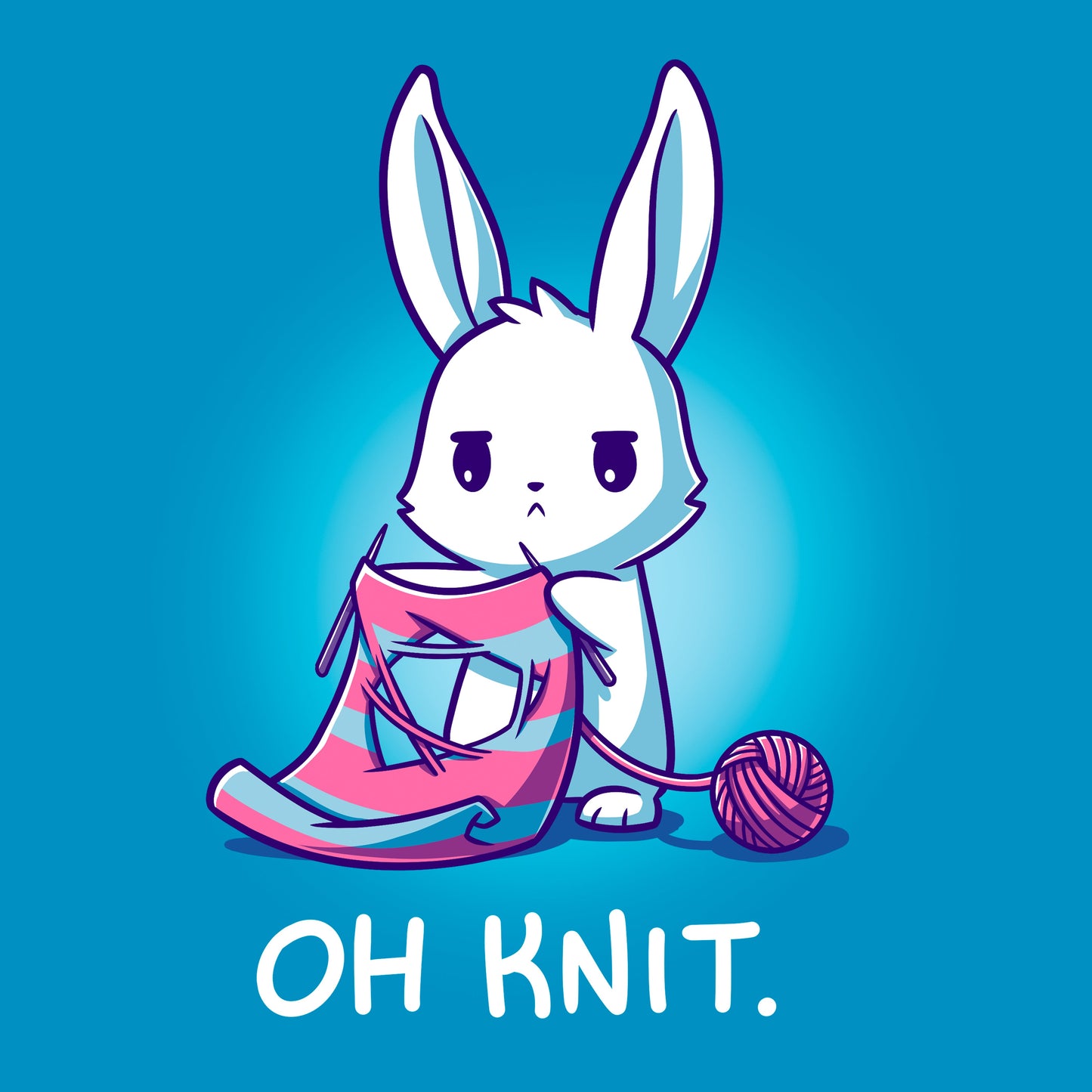 Classic Cotton T-shirt_Teeturtle Oh Knit Sapphire Blue featuring a white rabbit looking distraught. It's holding two knitting needles attached to a blue and pink striped scarf that has a large hole in the middle. There is a ball of pink yarn trailing off to the side and text beneath it that says "Oh knit."