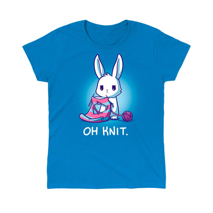 Classic Cotton T-shirt_Teeturtle Oh Knit Sapphire Blue featuring a white rabbit looking distraught. It's holding two knitting needles attached to a blue and pink striped scarf that has a large hole in the middle. There is a ball of pink yarn trailing off to the side and text beneath it that says "Oh knit."