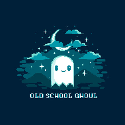 Classic Cotton T-shirt_TeeTurtle Old School Ghoul navy blue t-shirt featuring a spooky pixel art smiling ghost under a crescent moon and stars with text "Old School Ghoul" below in this Halloween and video game design. 