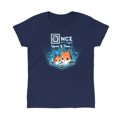 Classic Cotton T-shirt_TeeTurtle Once Upon a Time (Foxes) navy blue t-shirt featuring two cartoon foxes reading a magical open book with the words "Once Upon a Time" above them.