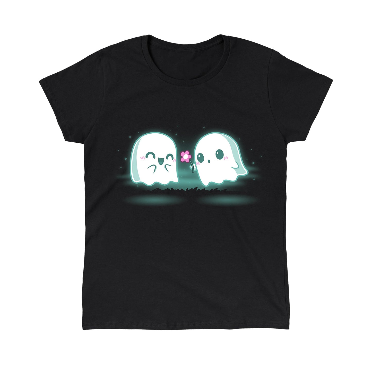 Classic Cotton T-shirt_TeeTurtle One Boo Love black t-shirt featuring two cute kawaii ghost-like Halloween characters are glowing softly in the dark on a black apparel. One ghost is smiling with eyes closed while the other offers a pink flower.