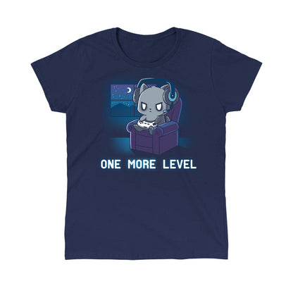 Classic Cotton T-shirt_TeeTurtle One More Level navy blue t-shirt featuring a cat wearing headphones, holding a game controller, and sitting in a chair with a nighttime window view. Text below reads "One More Level."