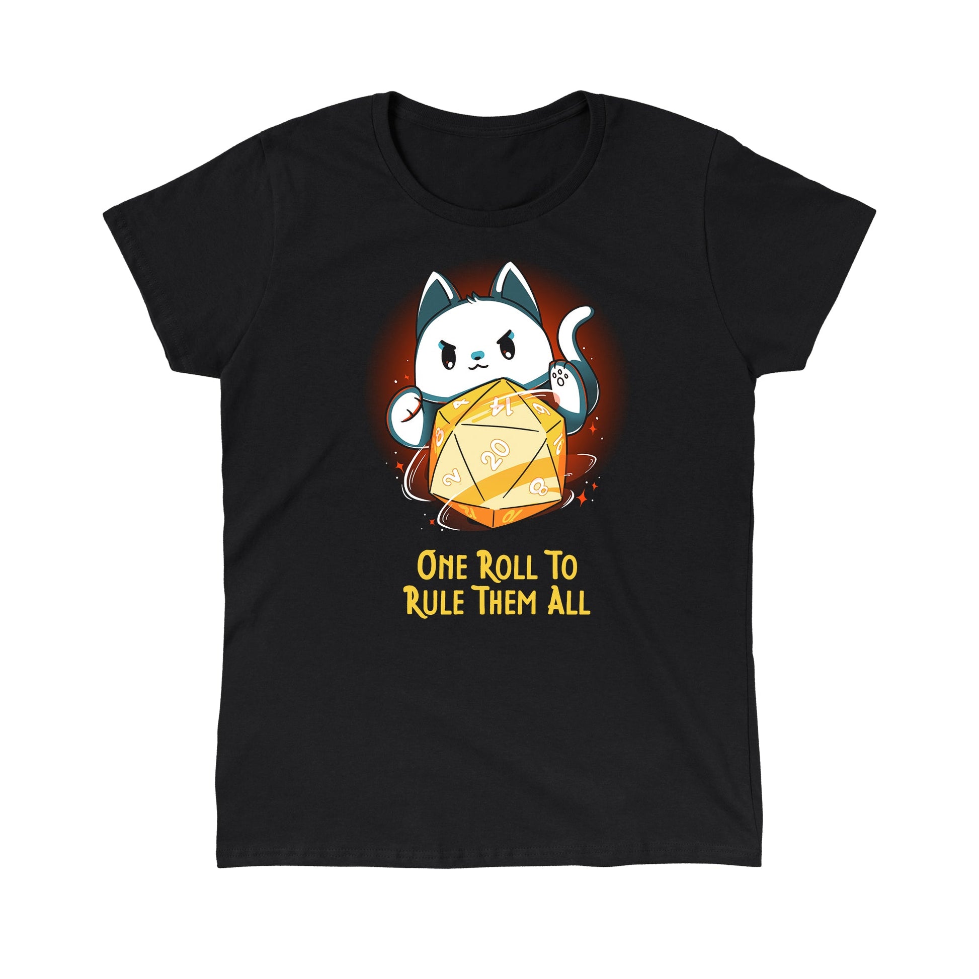 Classic Cotton T-shirt_TeeTurtle One One Roll To Rule Them All Black t-shirt featuring a white cat rolling an oversized tabletop game 20 sided dice, with 20 facing forward, and the text in fantasy script "One roll to rule them all" below. 