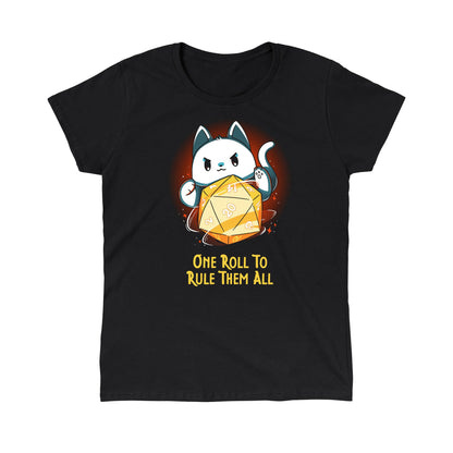 Classic Cotton T-shirt_TeeTurtle One One Roll To Rule Them All Black t-shirt featuring a white cat rolling an oversized tabletop game 20 sided dice, with 20 facing forward, and the text in fantasy script "One roll to rule them all" below. 