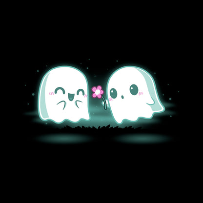 Long Sleeve T-shirt_TeeTurtle One Boo Love black t-shirt featuring two cute kawaii ghost-like Halloween characters are glowing softly in the dark on a black apparel. One ghost is smiling with eyes closed while the other offers a pink flower.