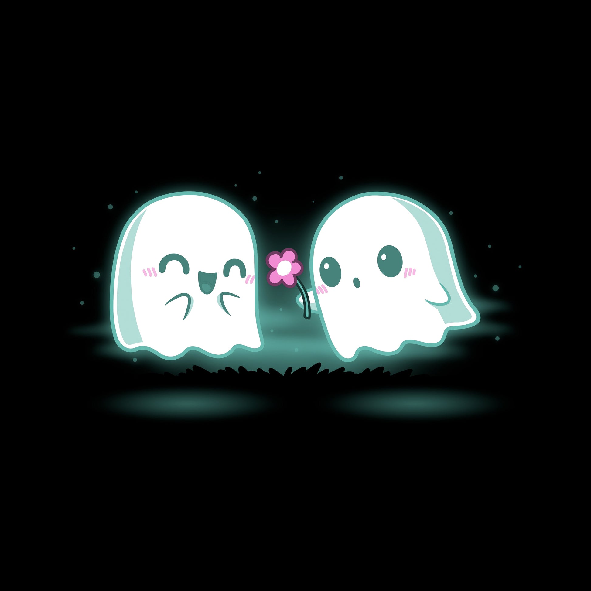 Pullover Hoodie_TeeTurtle One Boo Love black design featuring two cute kawaii ghost-like Halloween characters are glowing softly in the dark on a black apparel. One ghost is smiling with eyes closed while the other offers a pink flower.